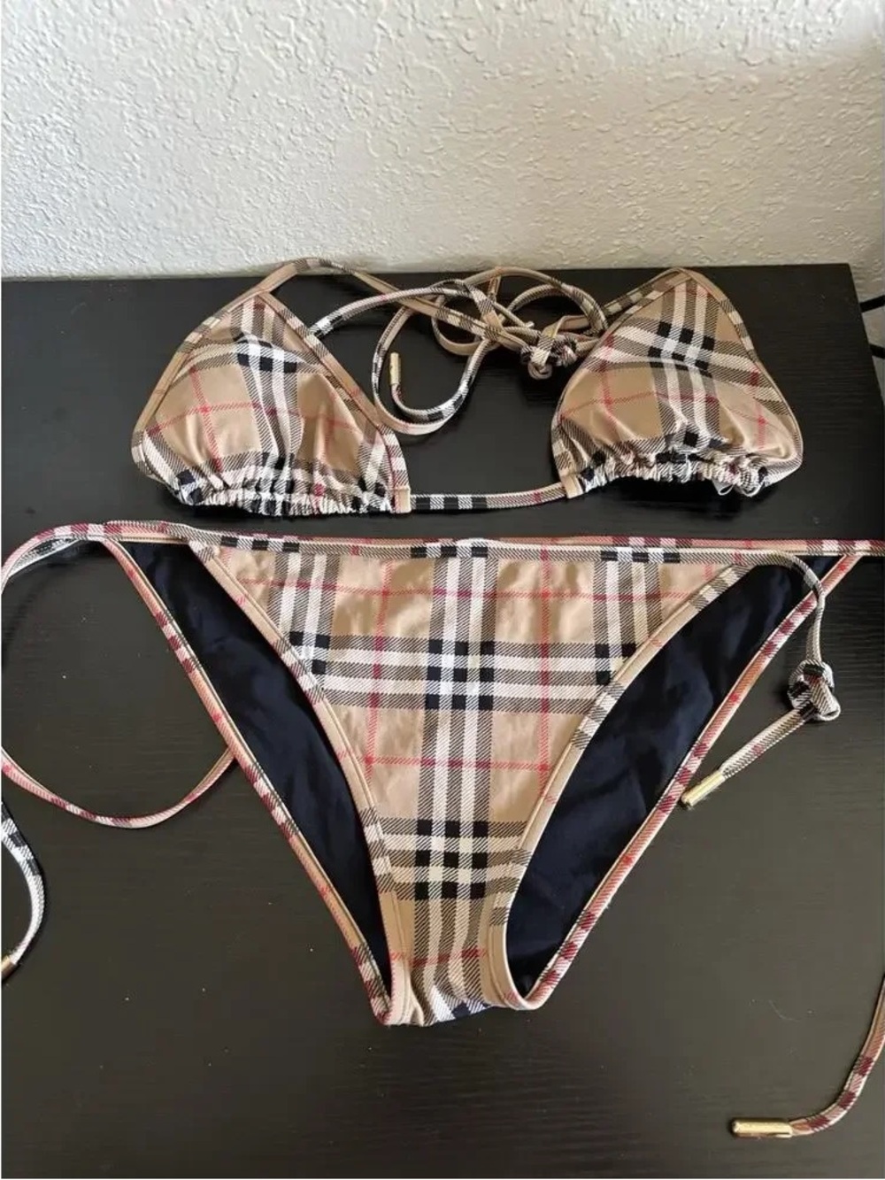 Burberry Beige Plaid Triangle String Bikini